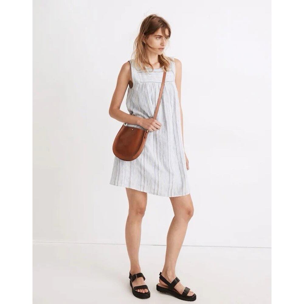 Madewell Sleeveless Yoked Mini Dress Cotton SZ L Blue Stripe Pockets Beach Boho